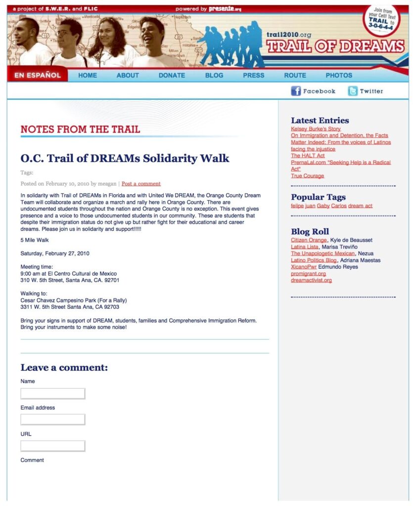 Trail of Dreams blog page showing details for the O.C. Trail of Dreams Solidarity Walk in Santa Ana.