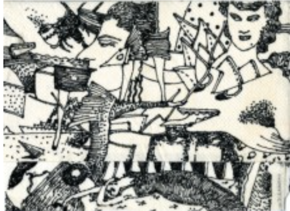 Black and white abstract drawing with overlapping faces, figures, patterns, and geometric shapes.