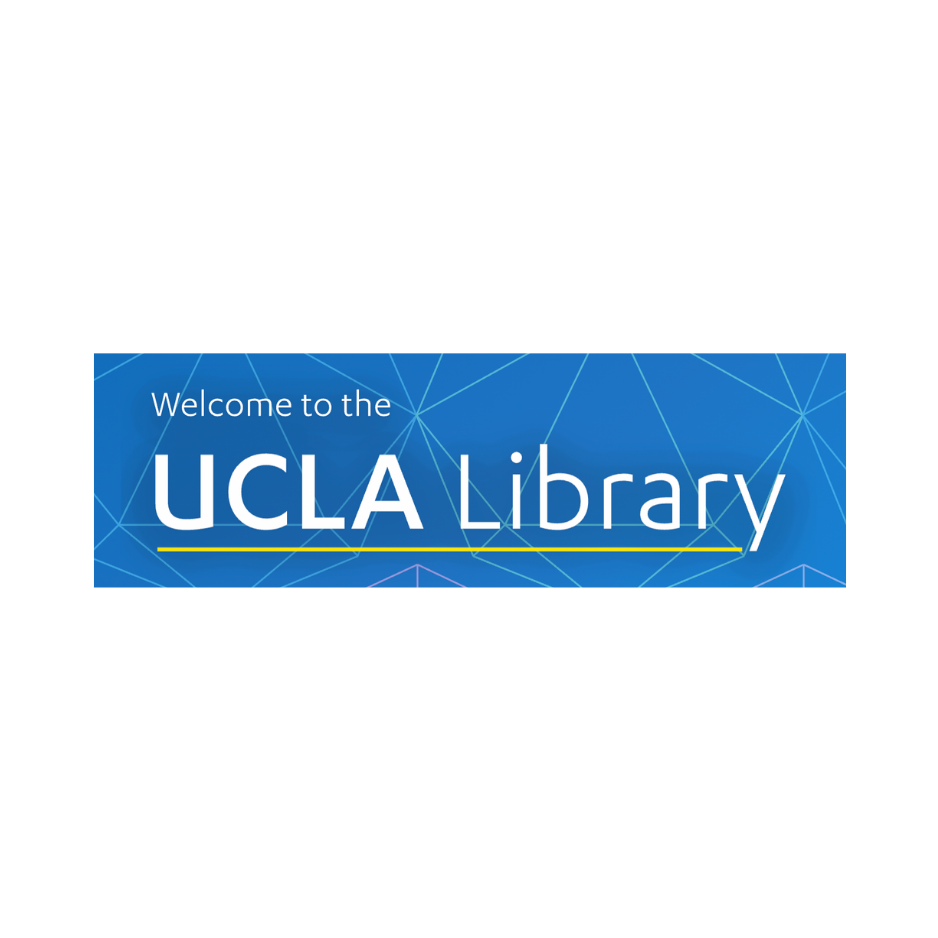UCLA Library logo in white lettering on a blue geometric background with the words "Welcome to the" above the logo. 