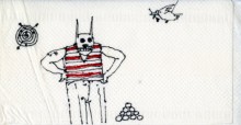 Black, red, and white drawings on three paper napkins, each with human-like figures, dots, symbols, and abstract designs.